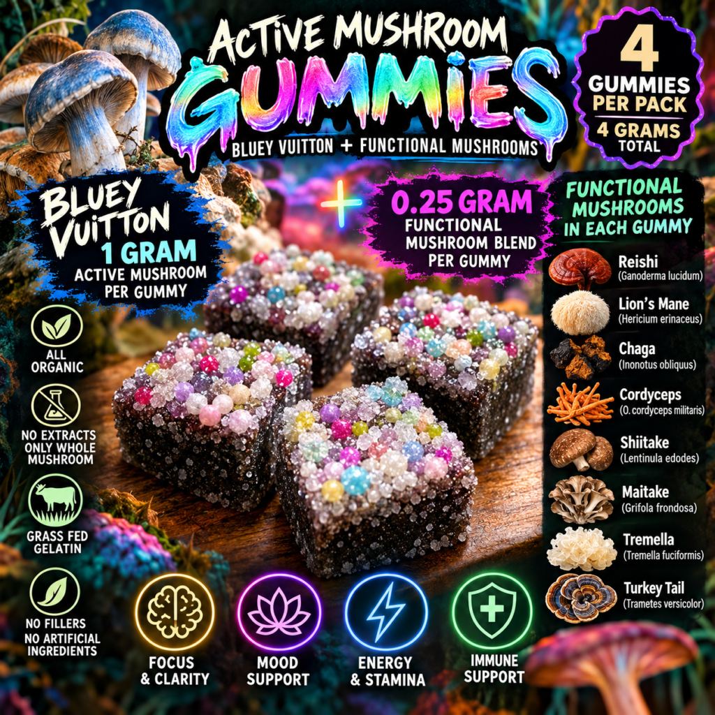 Bluey Vuitton Mushroom Gummies – 4-Pack | 4 Grams Active + 8 Functional Mushrooms