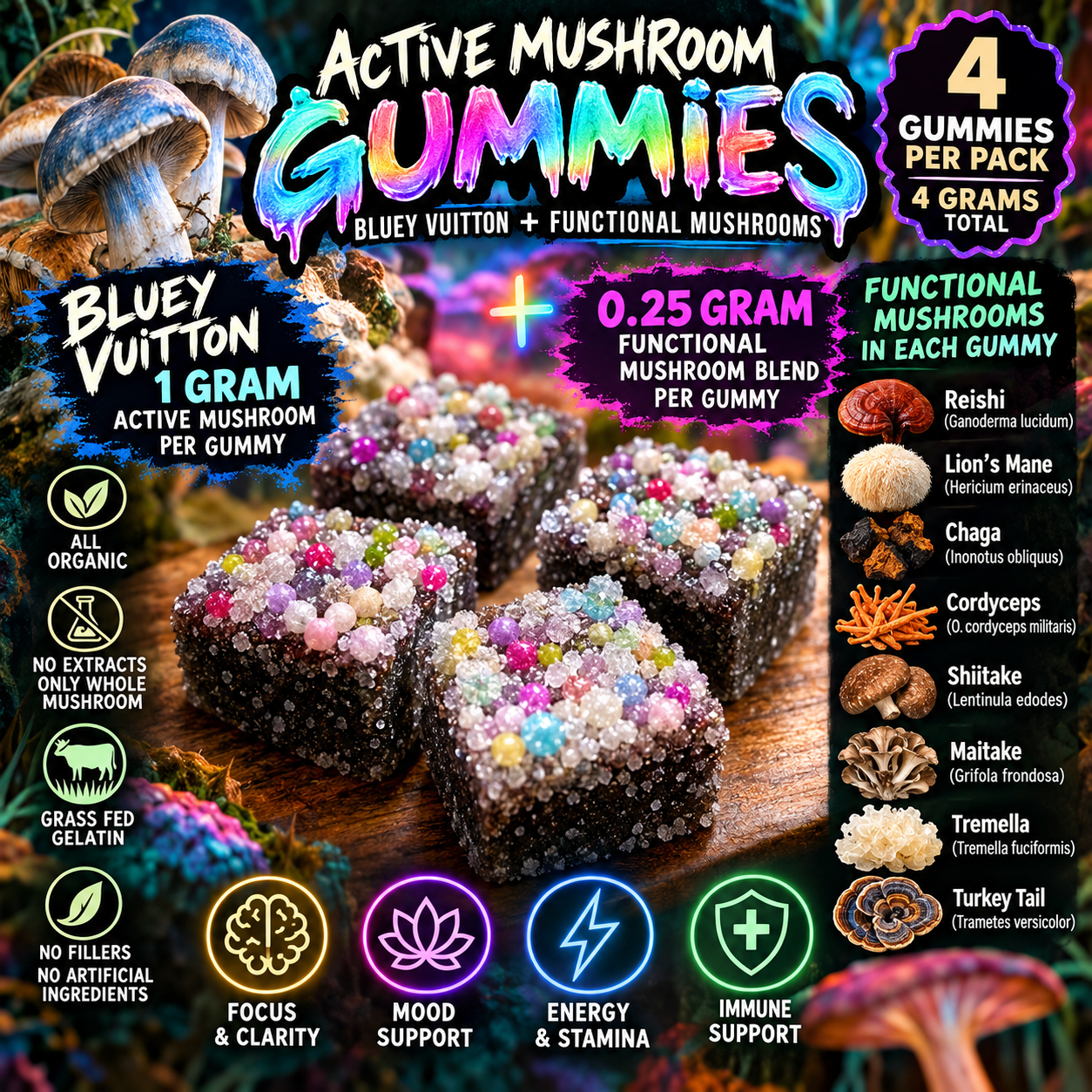 Bluey Vuitton Mushroom Gummies – 4-Pack | 4 Grams Active + 8 Functional Mushrooms - Image 1